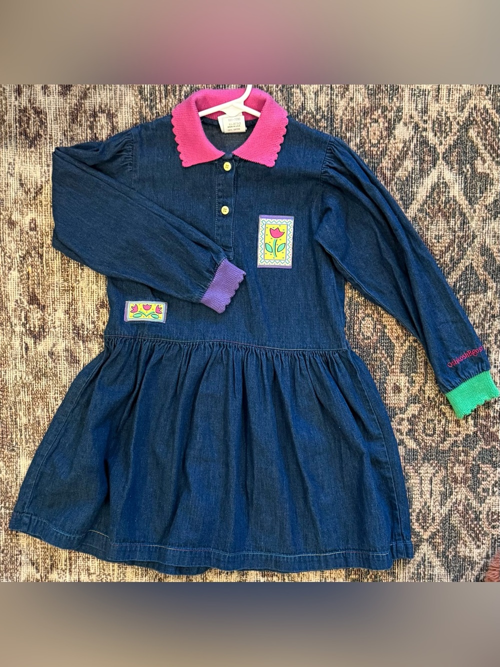Vintage Oshkosh Girls Long Sleeve Denim Dress Color Block Flowers Size 6